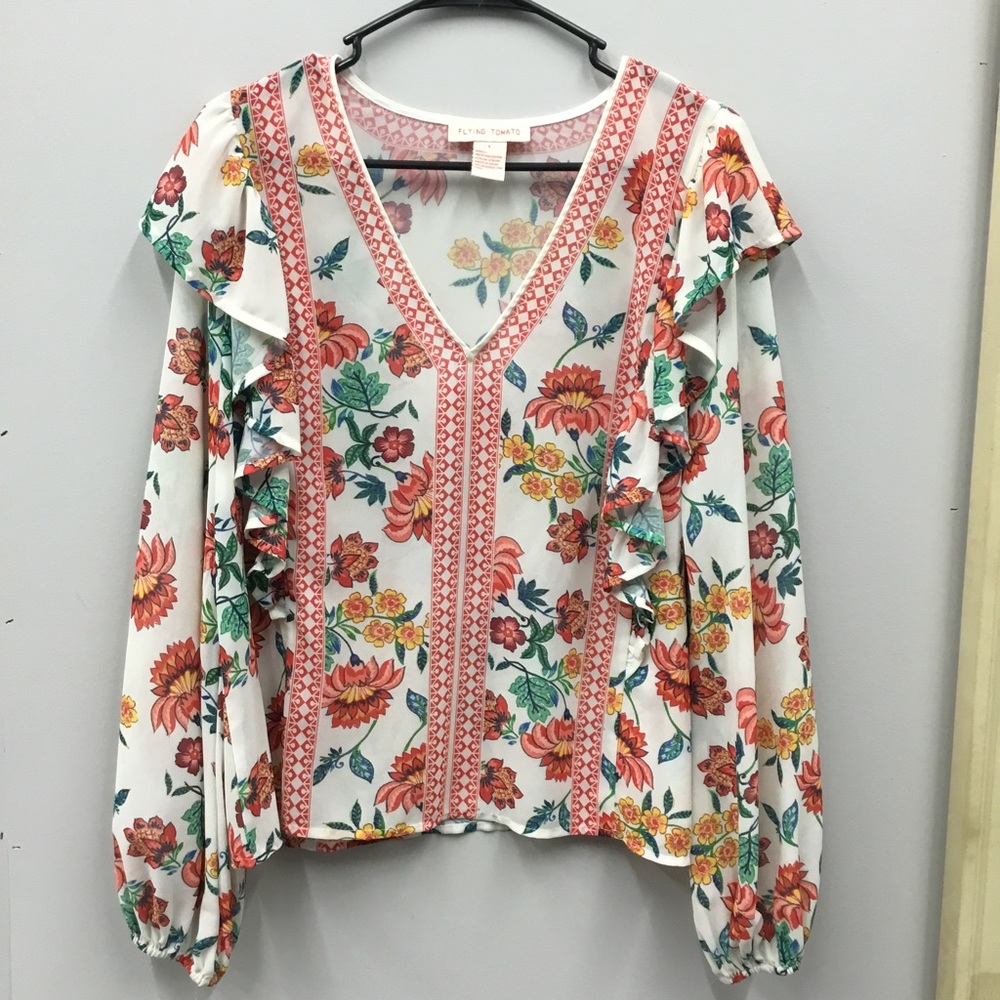 Flying Tomato White Floral V-Neck Ruffle Blouse